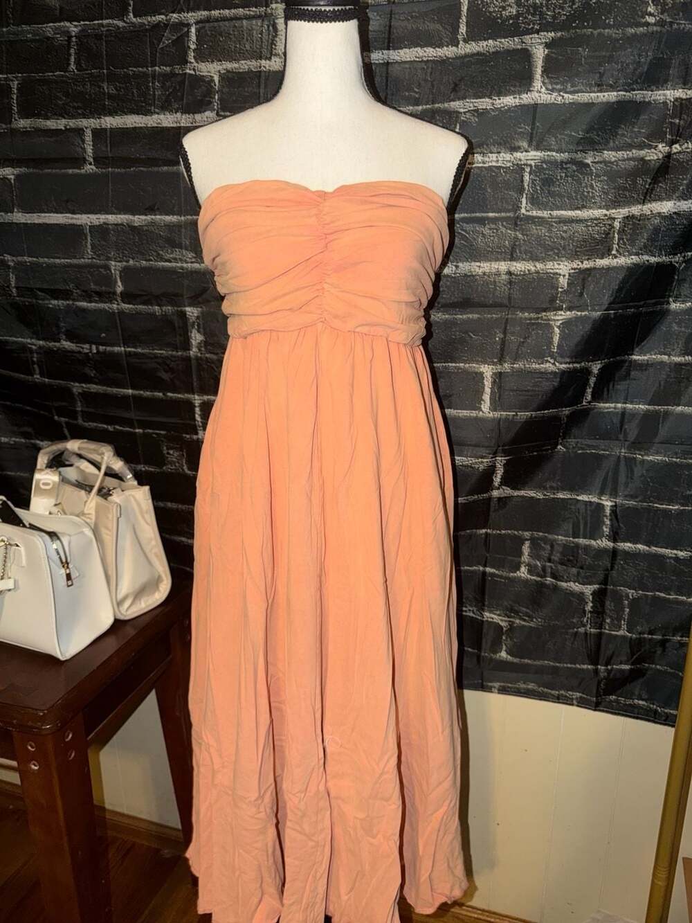 Heyson Peach Orange Strapless Ruched Maxi Dress Size M NWT